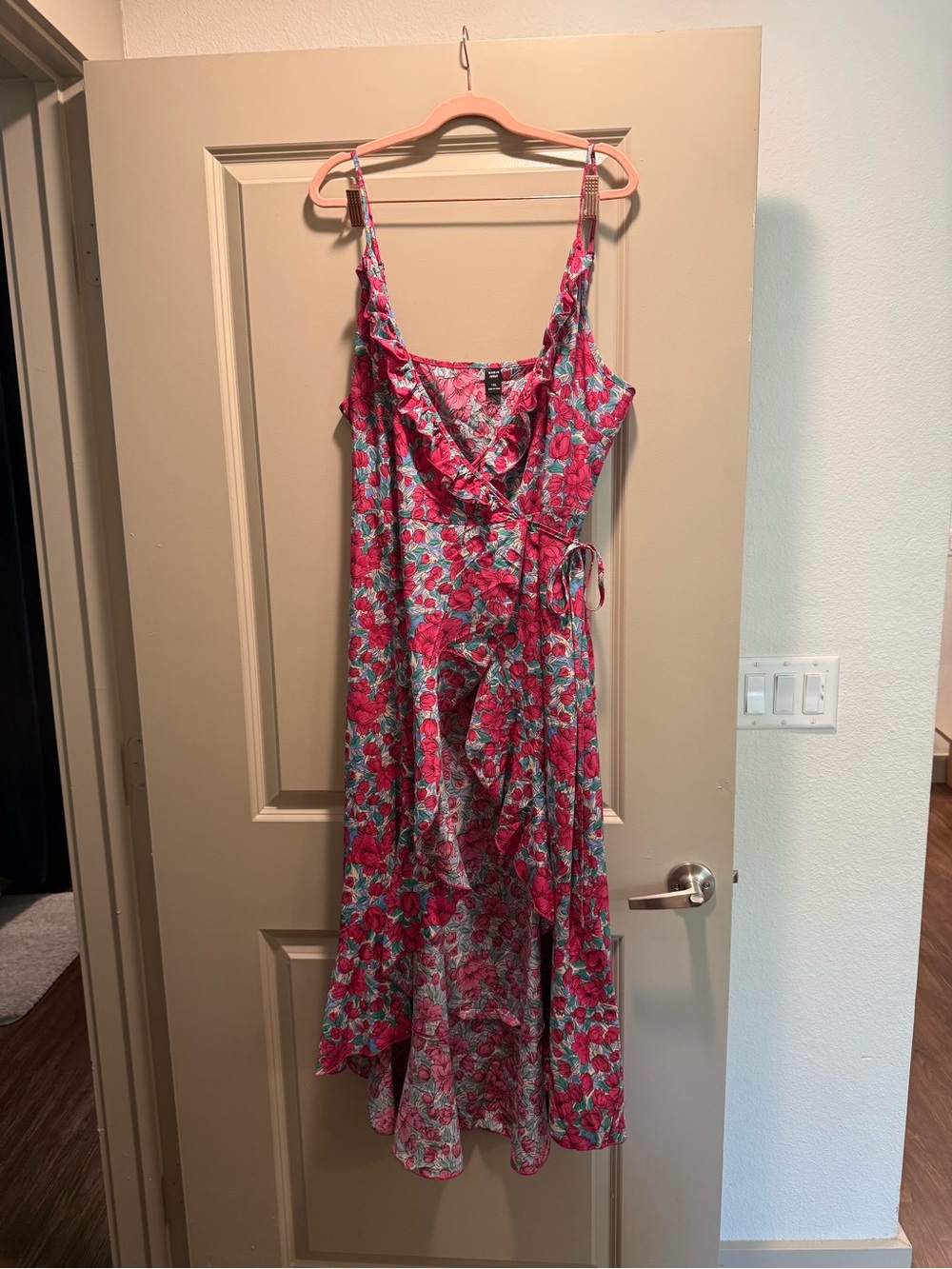 NWOT SHEIN Curve 1XL Pink Teal Floral Ruffle Wrap Maxi Dress